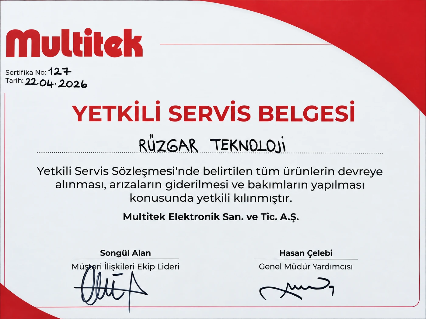 Multitek Yetkili Bayilik ve Servis Belgesi